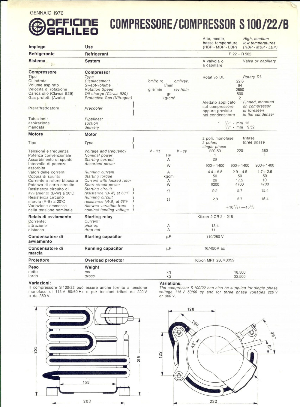 Materiale pubblicitario d’epoca 1976 OFFICINE GALILEO FIRENZE Compressore S 100 Volantino pubblicitario 1