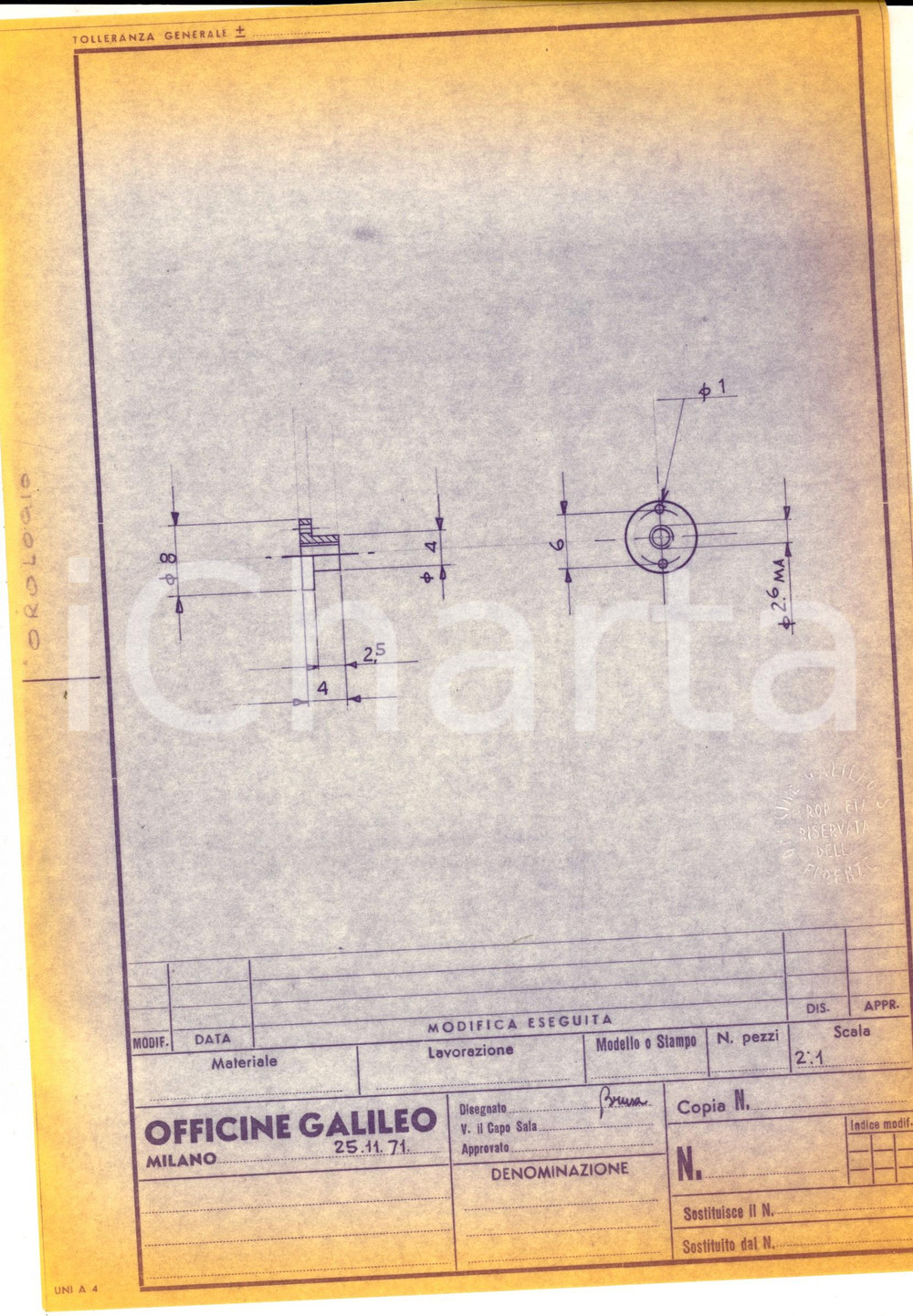 Materiale pubblicitario d’epoca 1971 OFFICINE GALILEO MILANO Schema di orologio Materiale inox 21x30 cm 1