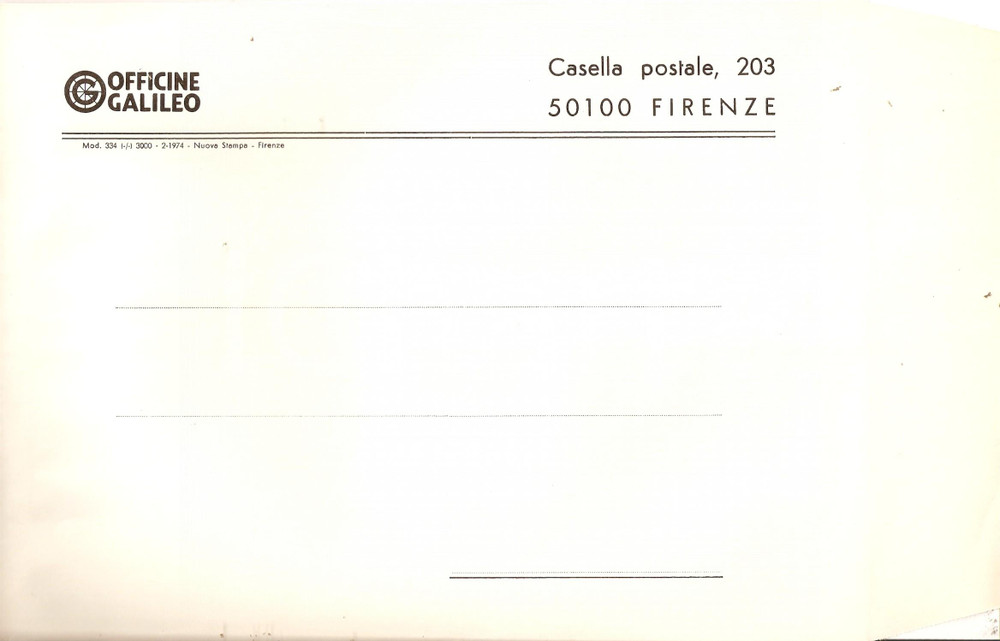 Materiale pubblicitario d’epoca 1965 ca FIRENZE Busta intestata OFFICINE GALILEO VUOTA 30x19 cm 1