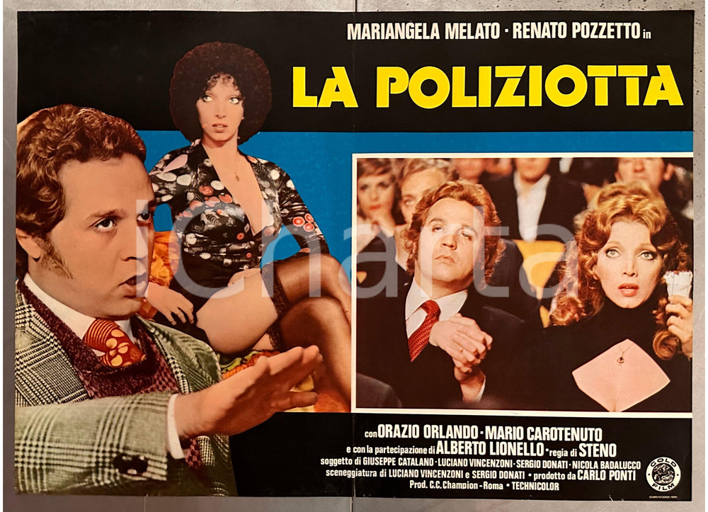 Materiale cinematografico d’epoca 1974 Mariangela MELATO Renato POZZETTO La poliziotta Fotobusta 65x45 cm 1