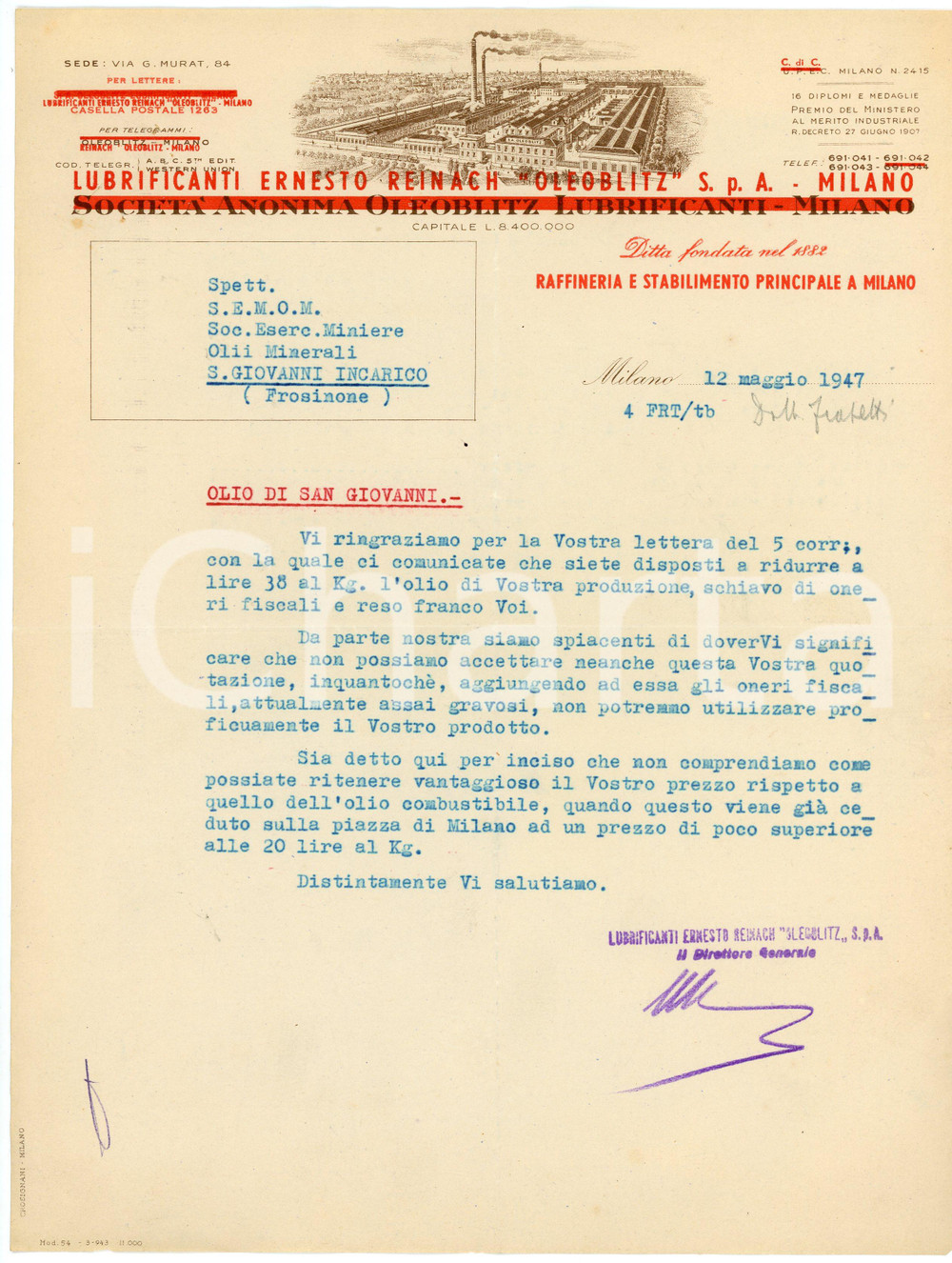 Oggetto da collezione cartaceo 1947 MILANO Via Murat 84 OLEOBLITZ Lubrificanti Ernesto REINACH Lettera per olio 1