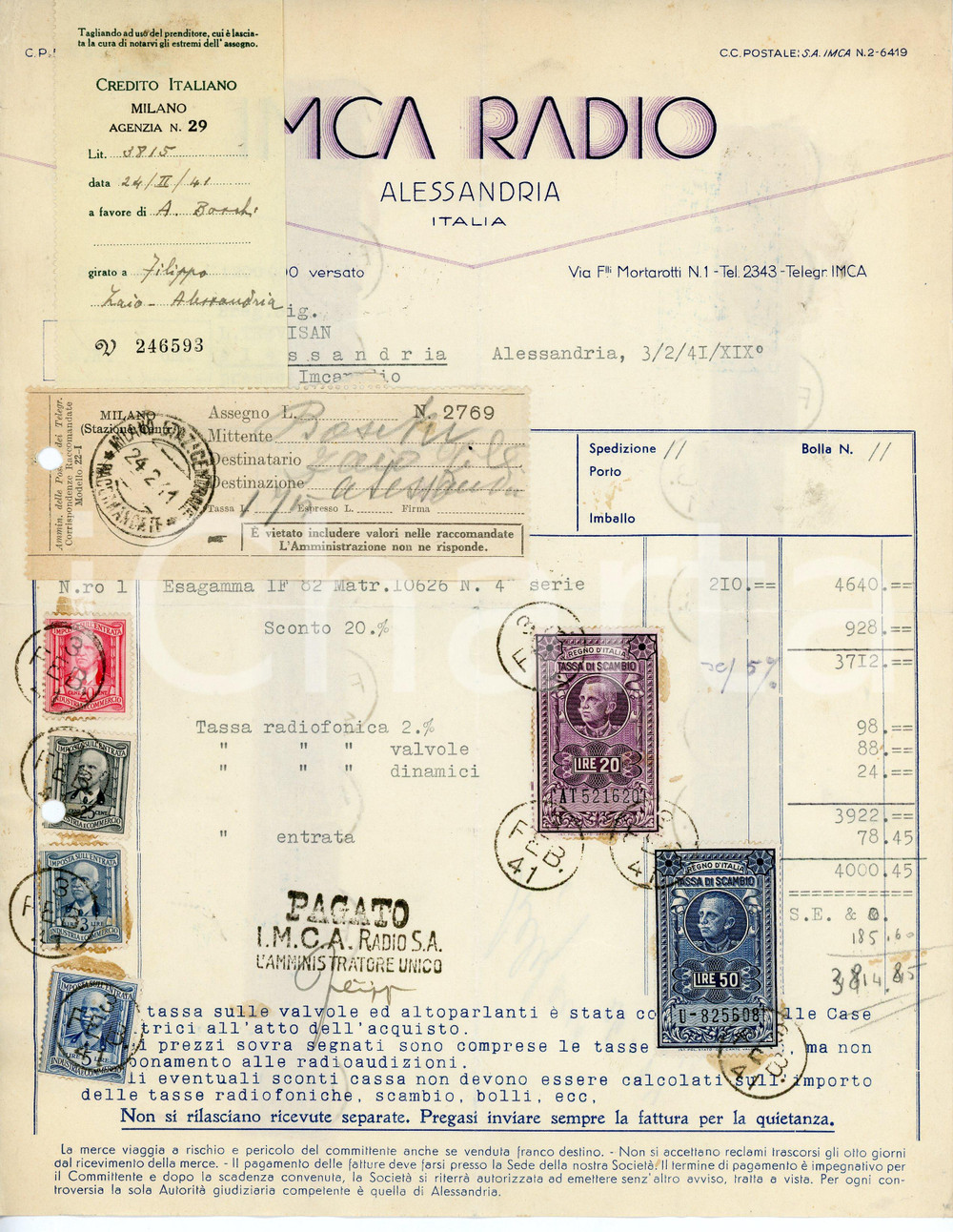 Oggetto da collezione cartaceo 1941 ALESSANDRIA Via F.lii Mortarotti 1 IMCA RADIO Fattura per ESAGAMMA IF82 1