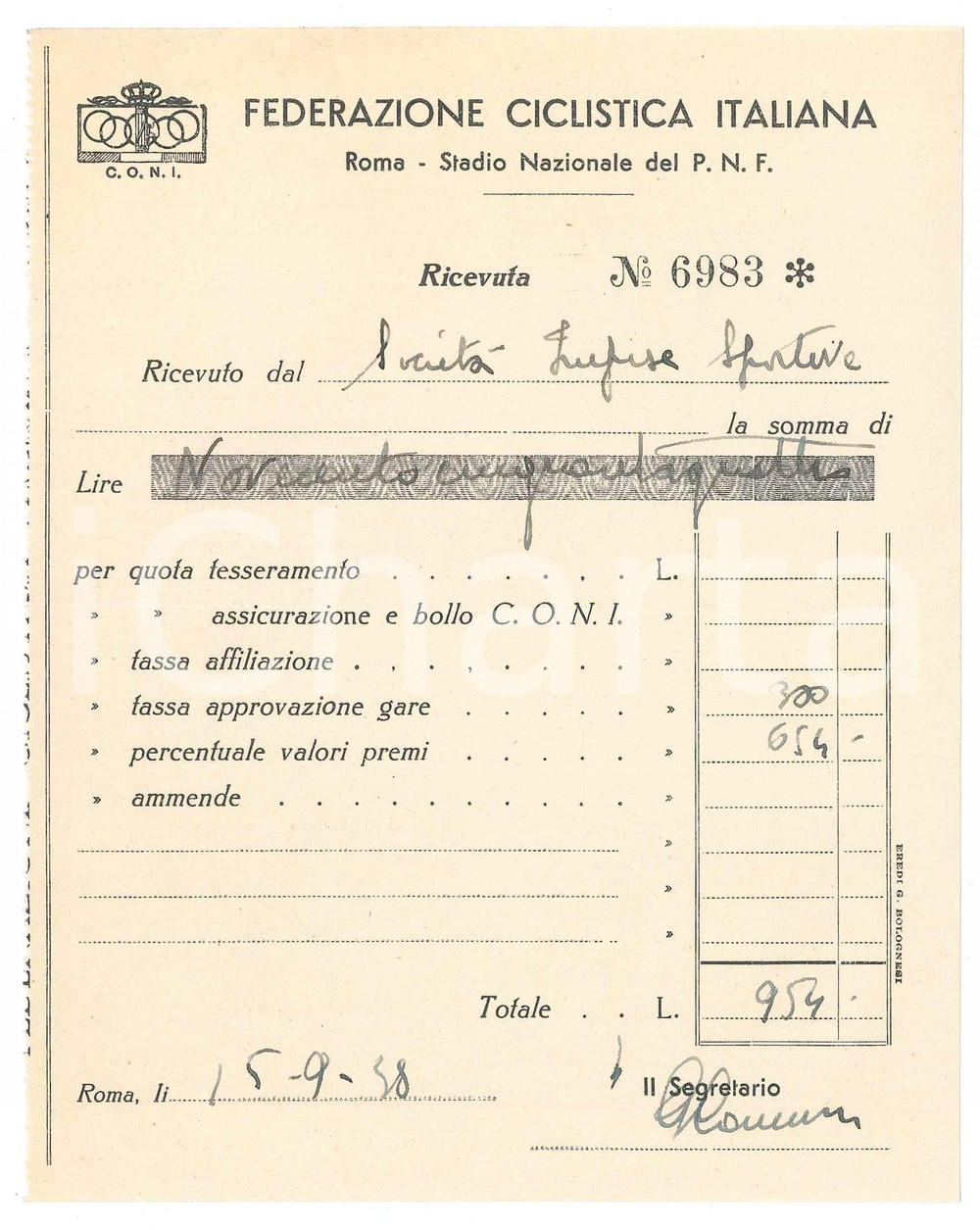 Documento originale, autentico 1938 ROMA CONI Federazione Ciclistica Italiana  Ricevuta gare e premi 1