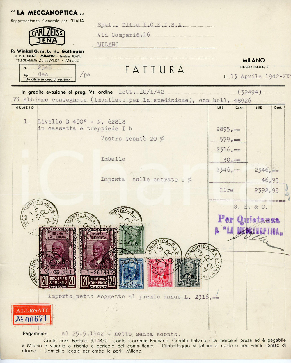 Oggetto da collezione cartaceo 1942 MILANO Corso Italia 8 MECCANOPTICA Rappresentante italiano ZEISS Fattura 1