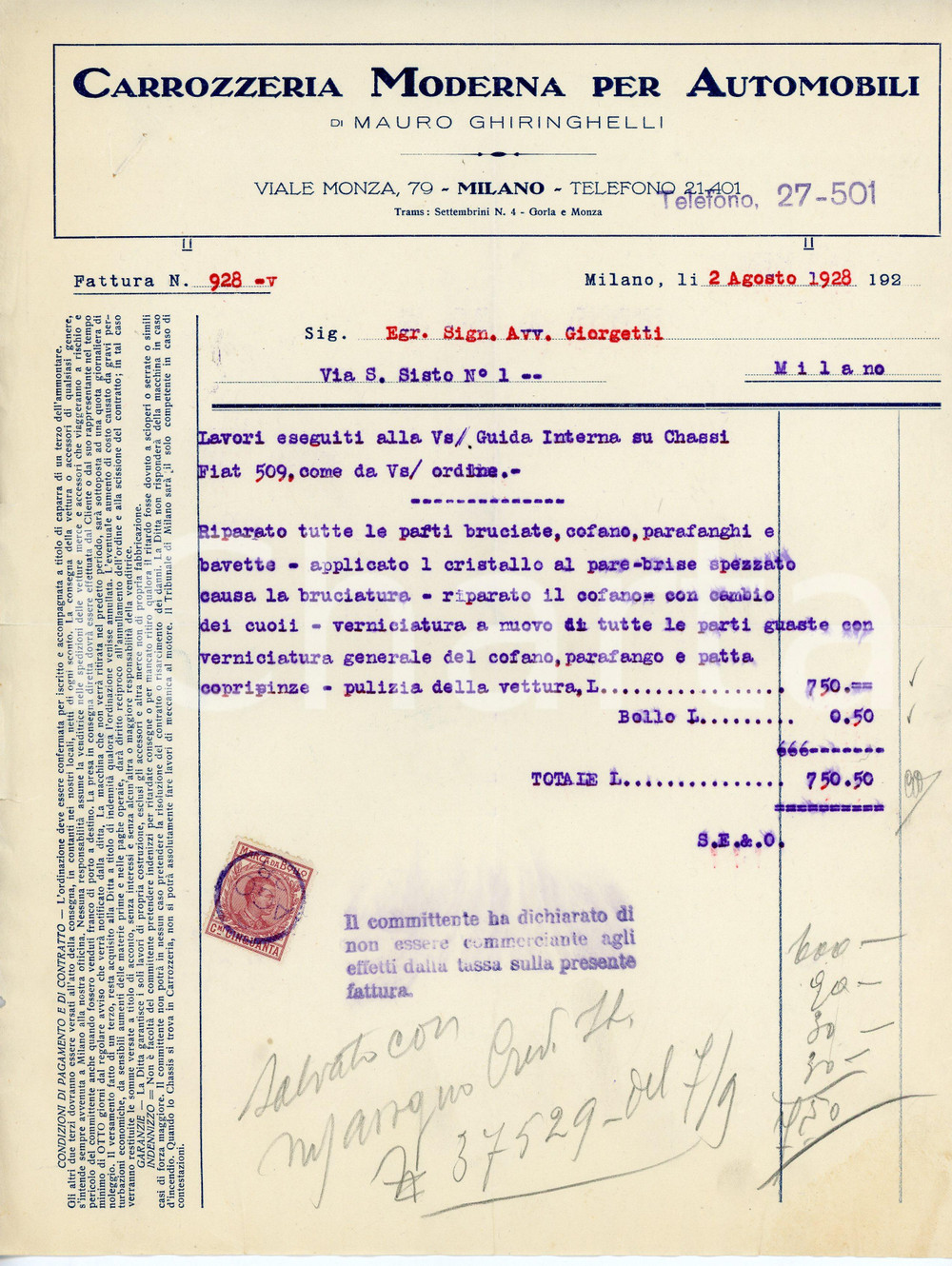 Oggetto da collezione cartaceo 1928 MILANO Viale Monza 79 Carrozzeria Mauro GHIRINGHELLI Riparazione FIAT 509 1