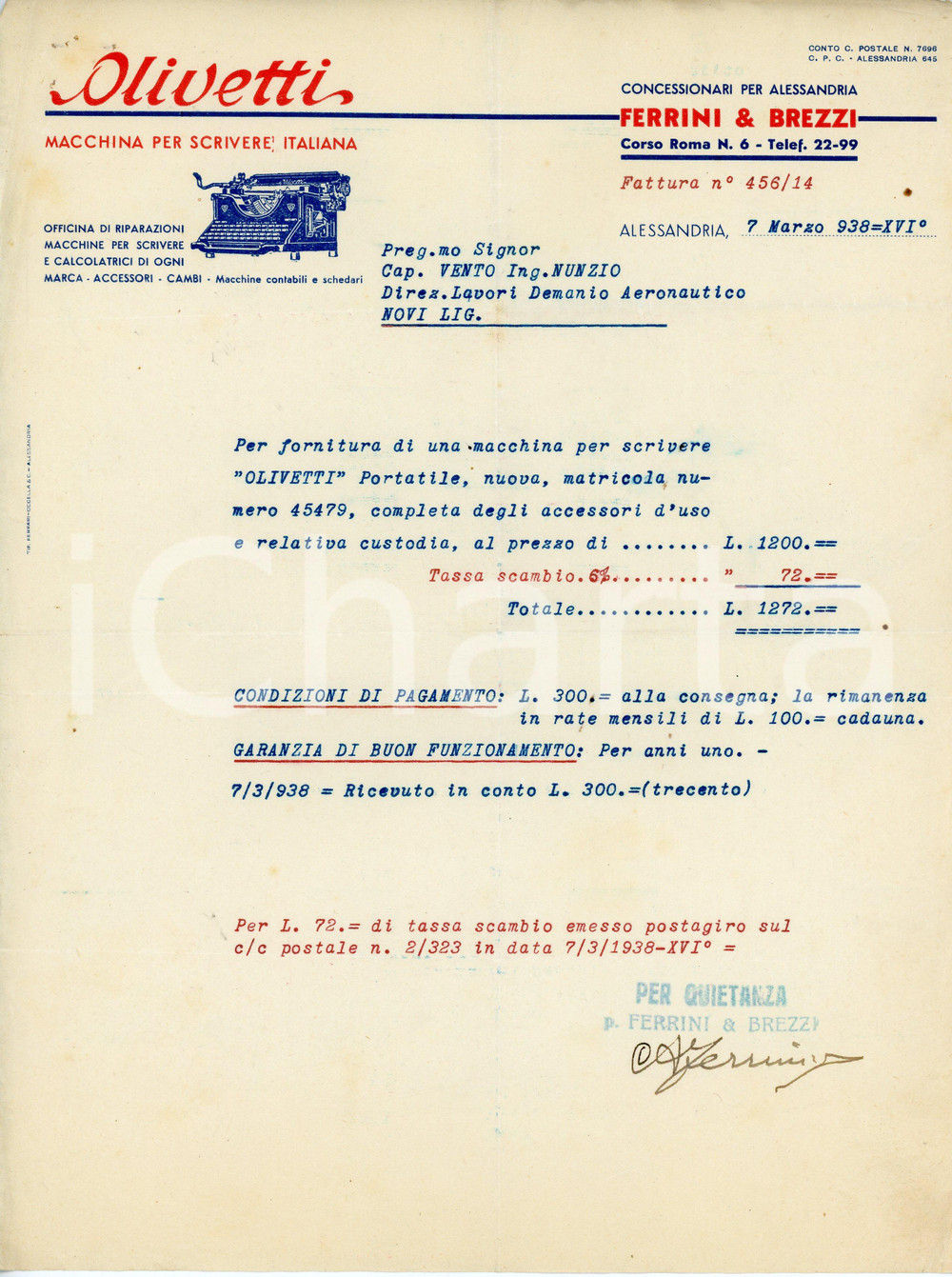 Oggetto da collezione cartaceo 1938 ALESSANDRIA Corso Roma 6 FERRINI E BREZZI Fattura per OLIVETTI Portatile 1