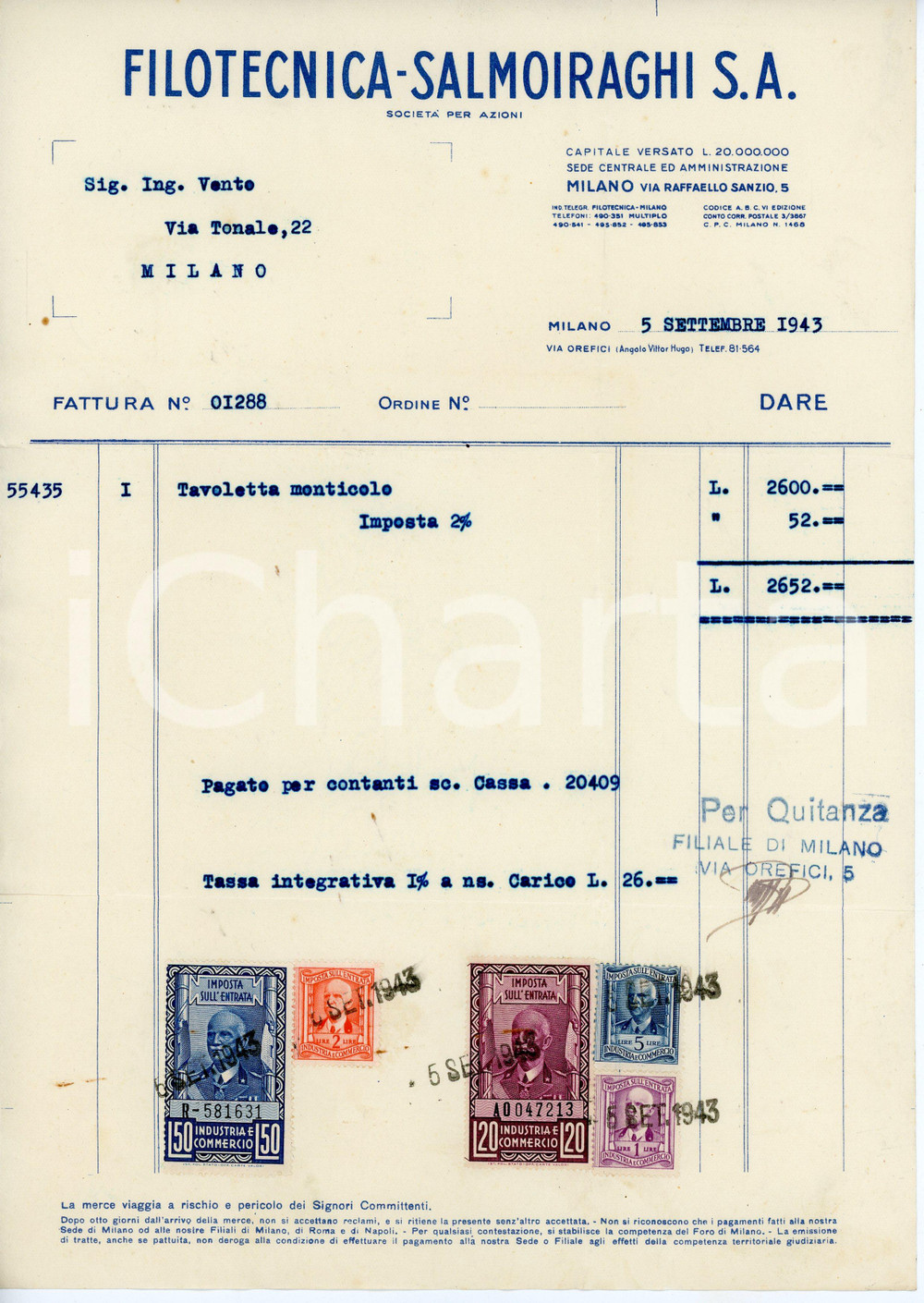 Oggetto da collezione cartaceo 1943 MILANO Via Raffaello Sanzio 5  Filotecnica SALMOIRAGHI Fattura 21x29 cm 1