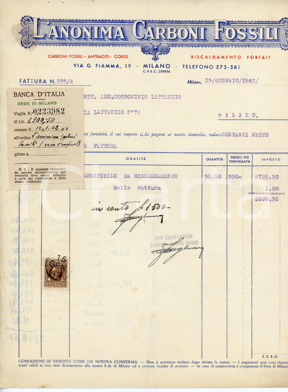 Oggetto da collezione cartaceo 1942 MILANO Via G. Fiamma 19 ANONIMA CARBONI FOSSILI Fatture per combustibile 1