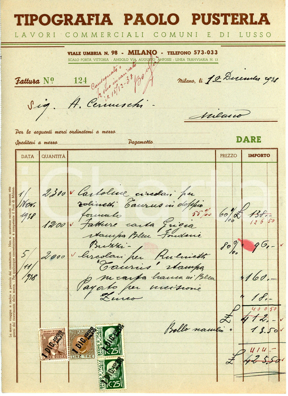 Oggetto da collezione cartaceo 1938 MILANO Viale Umbria 98  Tipografia Paolo PUSTERLA Fattura per cartoline 1