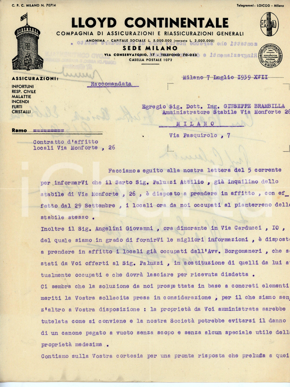 Oggetto da collezione cartaceo 1939 MILANO Via conservatorio 17 LLOYD CONTINENTALE Lettera commerciale 1
