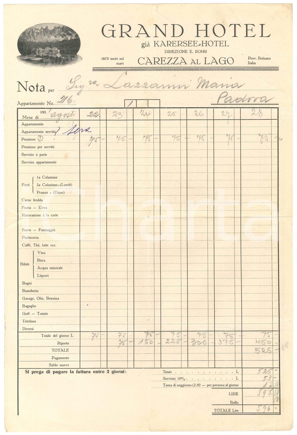 Documento originale, autentico 1931 CAREZZA AL LAGO BZ Grand Hotel Fattura su carta intestata 1