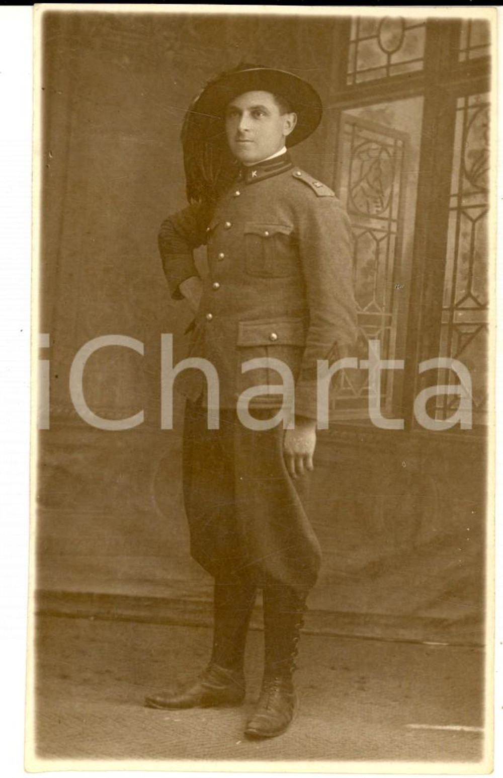 Fotografia d epoca originale 1925 ca LIVORNO REGIO ESERCITO Ritratto bersagliere di profilo Foto PIACENTINI 1