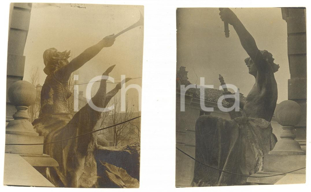 Fotografia d epoca originale 1915 ca TORINO Palazzo dell Arsenale  Statue della facciata 2 foto 6x8 cm 1