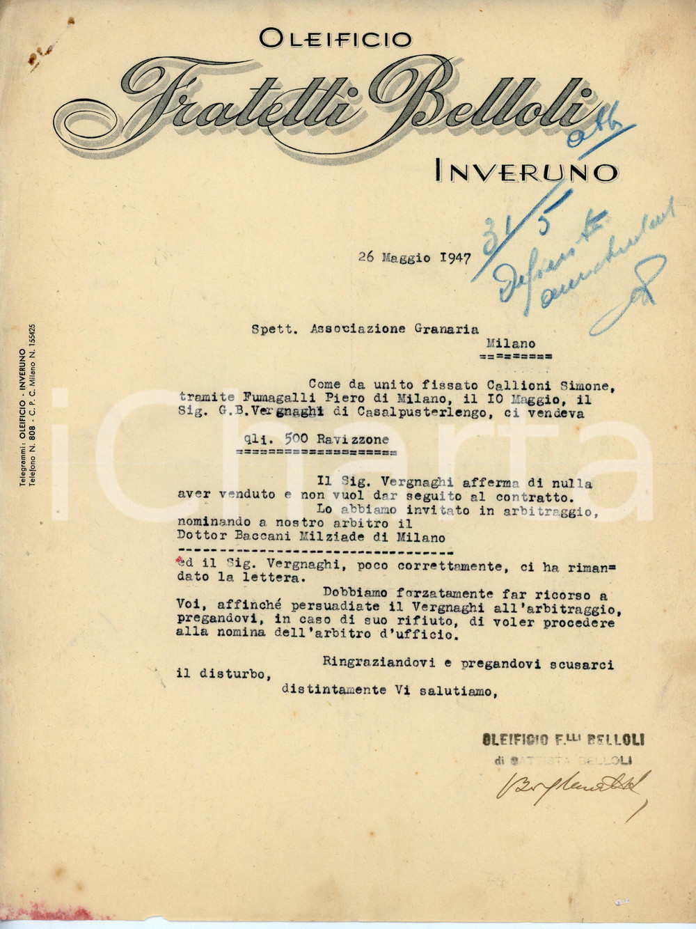 Oggetto da collezione cartaceo 1947 INVERUNO Oleificio Fratelli BELLOLI Lettera ad Associazione Granaria Milano 1
