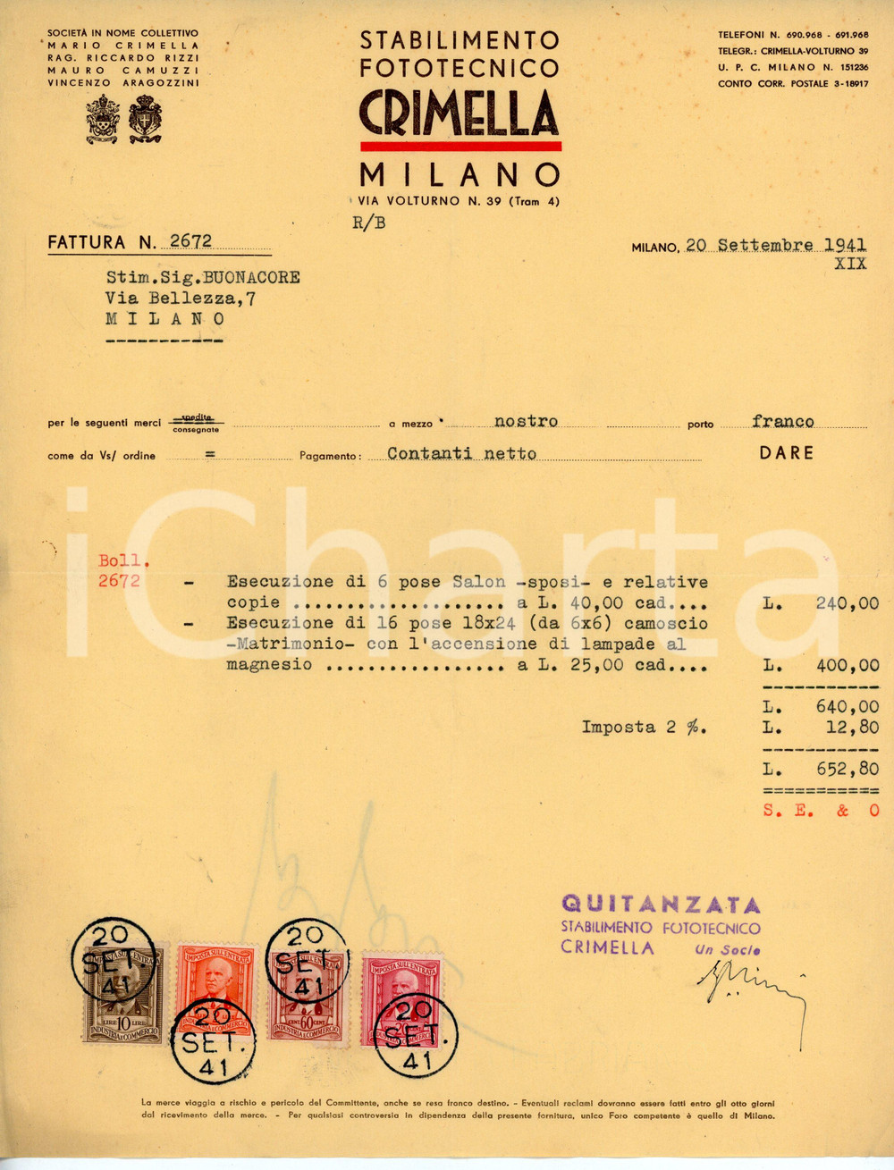 Oggetto da collezione cartaceo 1941 MILANO Via Volturno 39 Stabilimento fototecnico CRIMELLA Fattura foto sposi 1