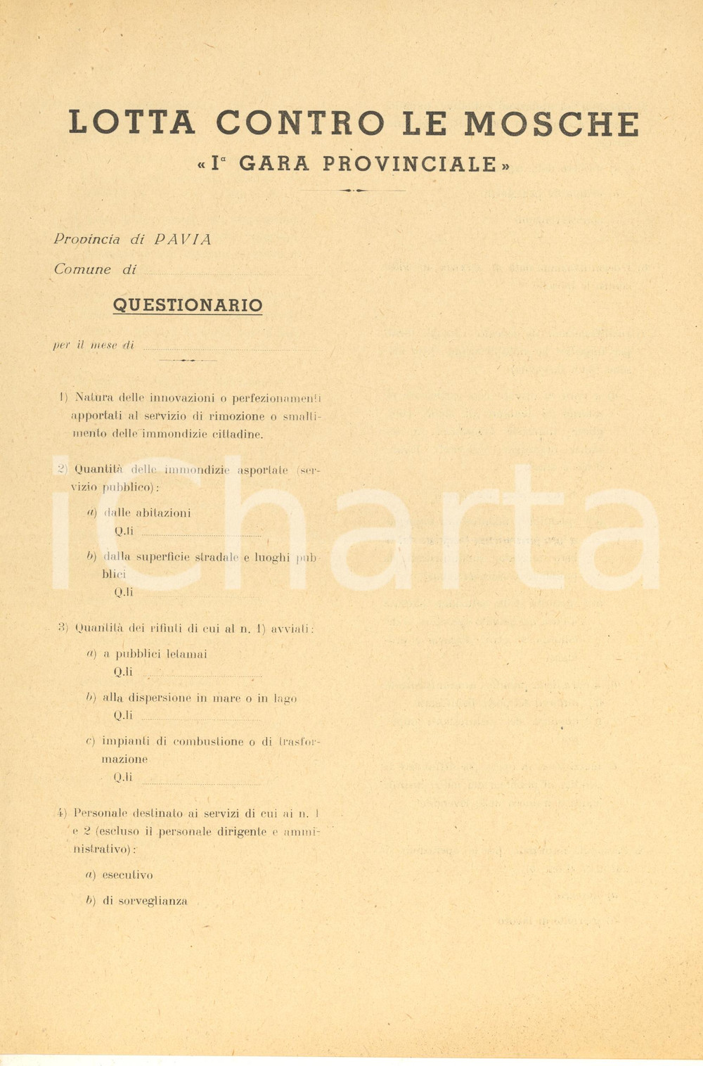 Documento originale, autentico 1930 ca PAVIA Lotta contro le mosche  1 Gara Provinciale Questionario 1 1