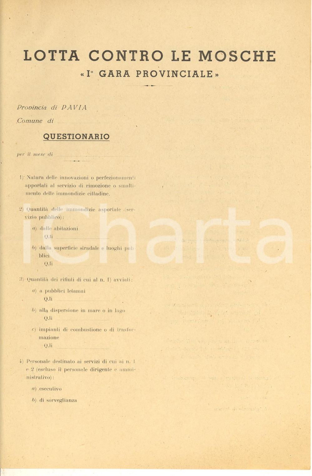 Documento originale, autentico 1930 ca PAVIA Lotta contro le mosche  1 Gara Provinciale Questionario 2 1