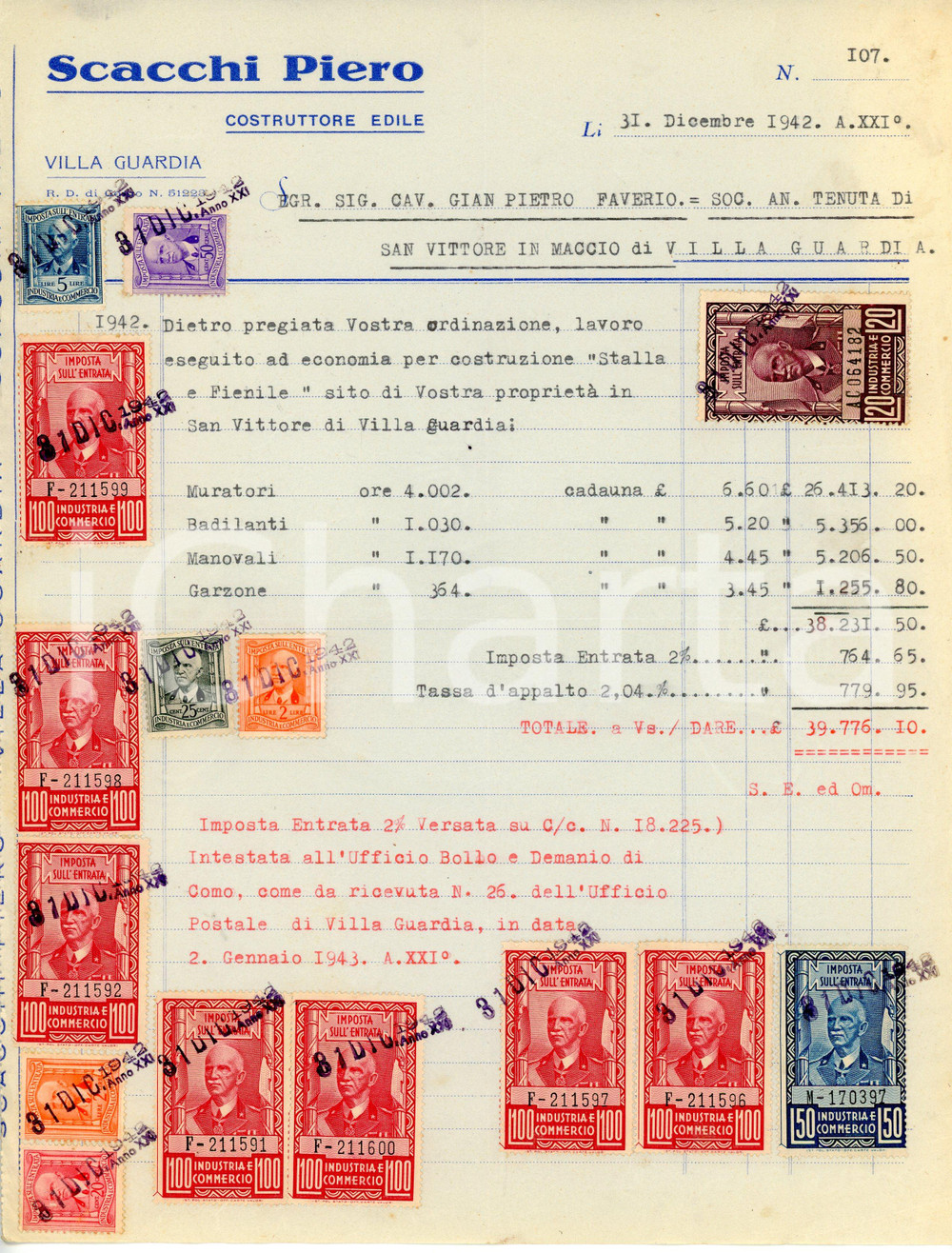 Oggetto da collezione cartaceo 1942 VILLA GUARDIA Costruttore edile Piero SCACCHI Fattura a Gian Pietro FAVERIO 1