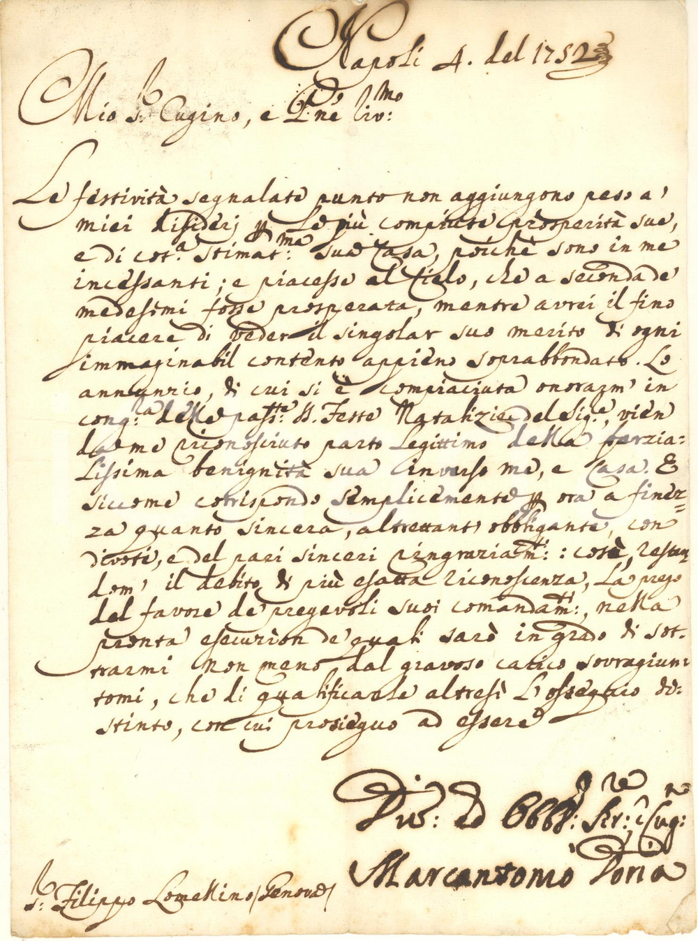 Autografo originale 1752 NAPOLI Nobile Marcantonio DORIA  Lettera di ringraziamento Autografo 1