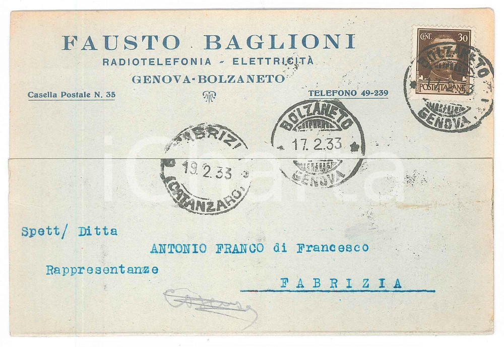 Cartolina originale da collezione 1933 GENOVA BOLZANETO Radiotelefonia Fausto BAGLIONI Cartolina commerciale 1