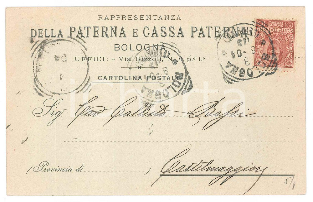 Cartolina originale da collezione 1904 BOLOGNA Rappresentanza della Paterna e CASSA PATERNA Cartolina commerciale 1