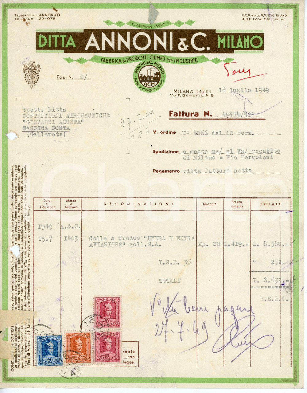 Oggetto da collezione cartaceo 1949 MILANO Via Gaffurio 5 DITTA ANNONI Prodotti chimici  Fattura colla HYDRA 1