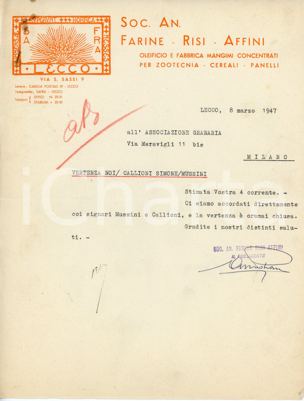 Oggetto da collezione cartaceo 1947 LECCO Via Sassi 9 Società FRA Farine, risi e affini  Lettera commerciale 1