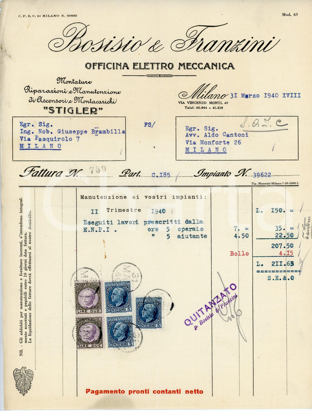 Oggetto da collezione cartaceo 1940 MILANO Via Monti 49 BOSISIO E FRANZINI Riparatore ascensori STIGLER Fattura 1