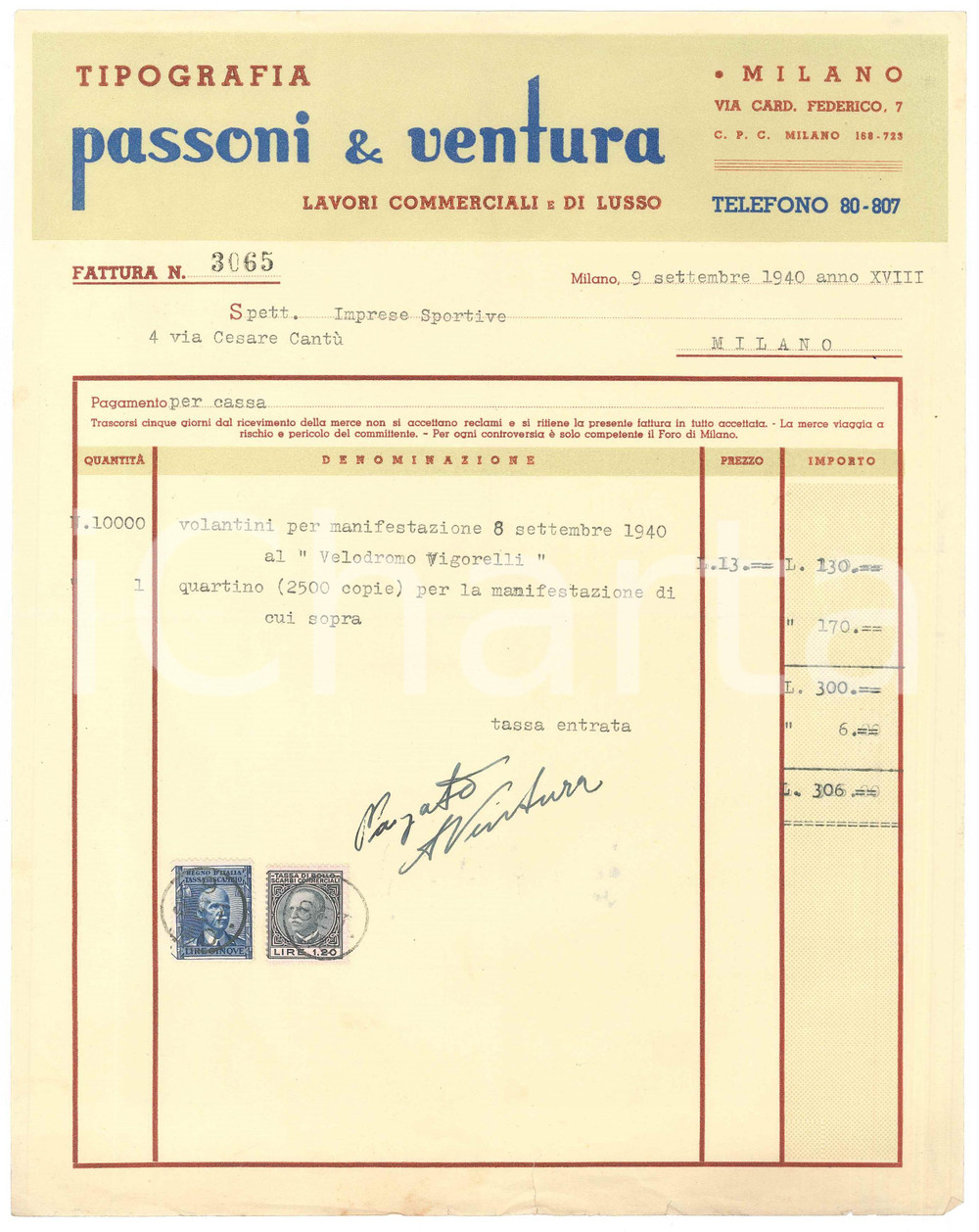 Documento originale, autentico 1940 MILANO Tipografi PASSONI & VENTURA Fattura volantini  Velodromo 1