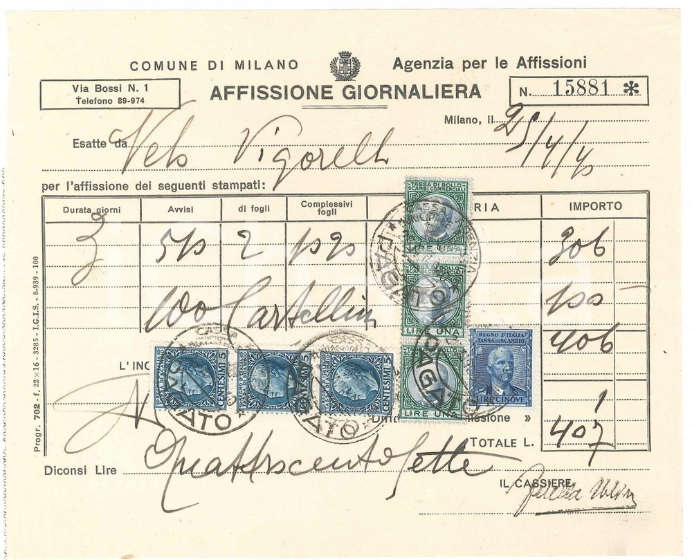 Documento originale, autentico 1940 MILANO Agenzia Affissioni  Ricevuta Velodromo VIGORELLI 1