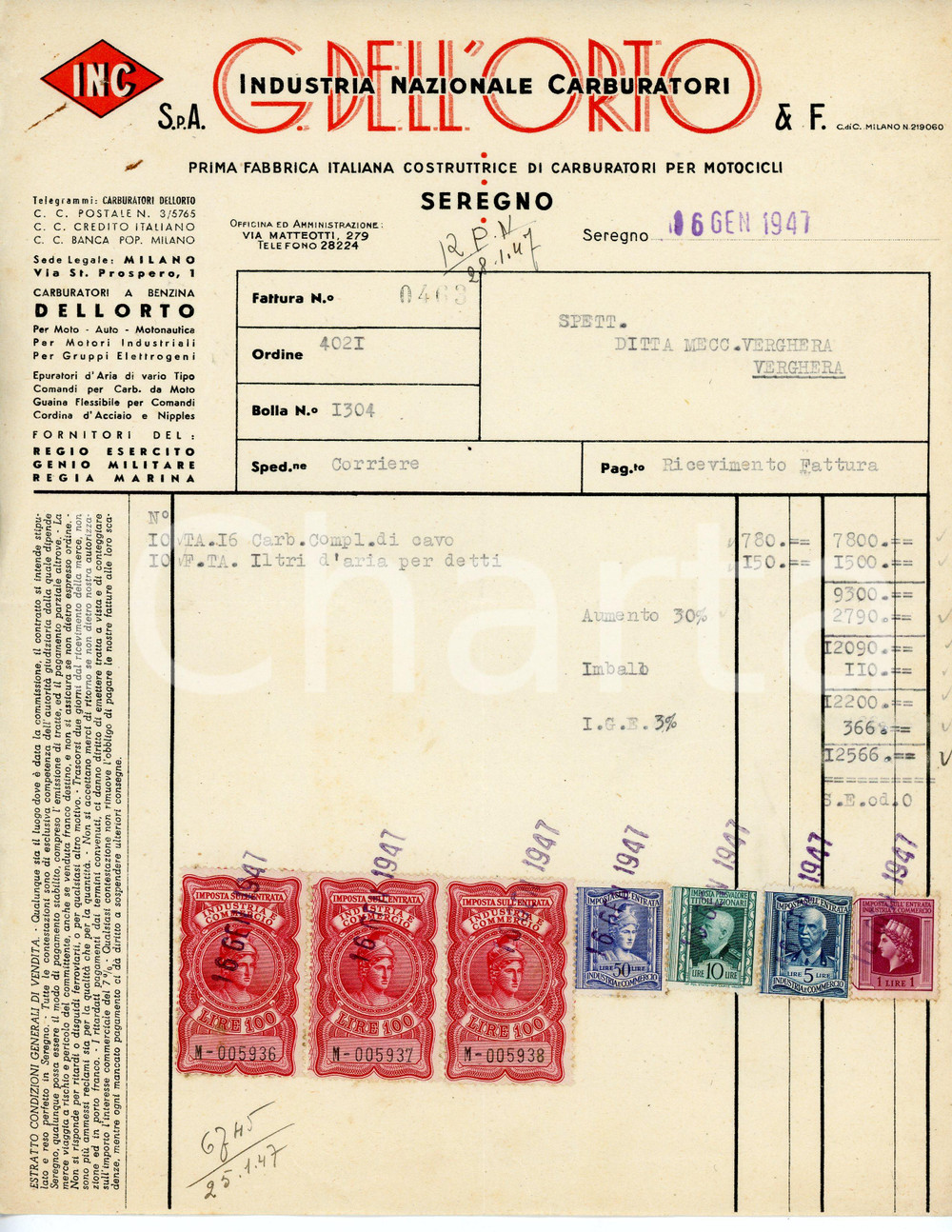 Oggetto da collezione cartaceo 1947 SEREGNO Via Matteotti 279 G. DELL ORTO Carburatori per motocicli  Fattura 1