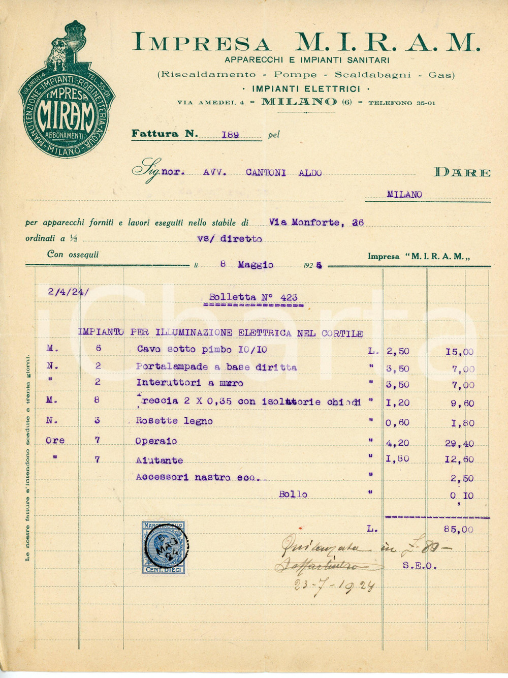 Oggetto da collezione cartaceo 1924 MILANO Via Amedei 4 IMPRESA M.I.R.I.A.M. Impianti elettrici  Fattura 1