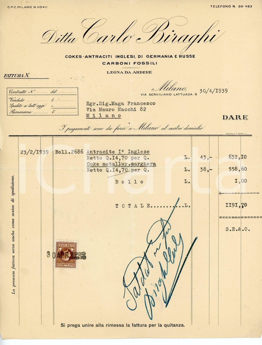 Oggetto da collezione cartaceo 1939 MILANO Via Serviliano Lattuada 9  Ditta Carlo BIRAGHI Cokes  Fattura 1