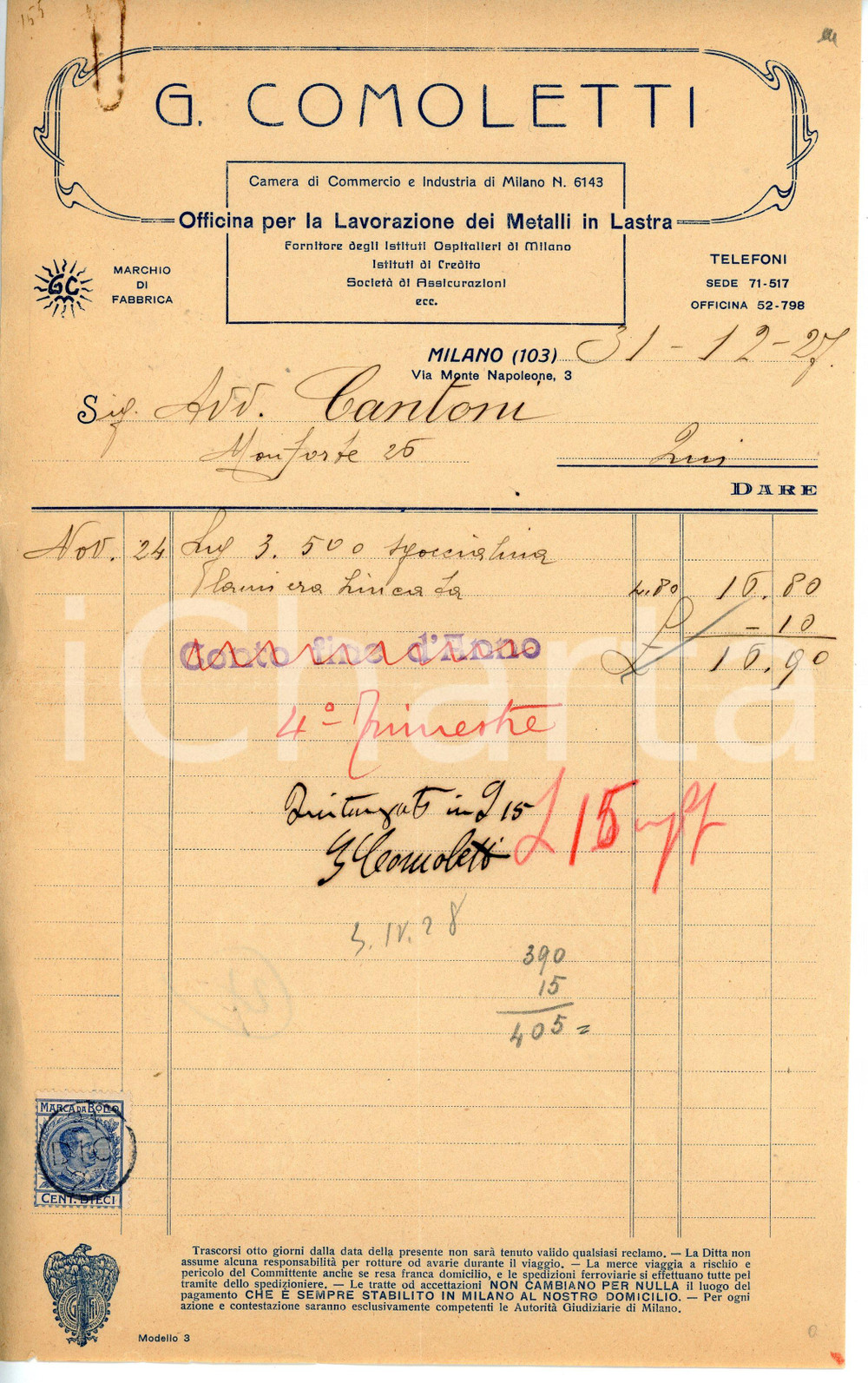 Oggetto da collezione cartaceo 1927 MILANO Via Monte Napoleone 3 G. COMOLETTI Lavorazione metalli  Fattura 1