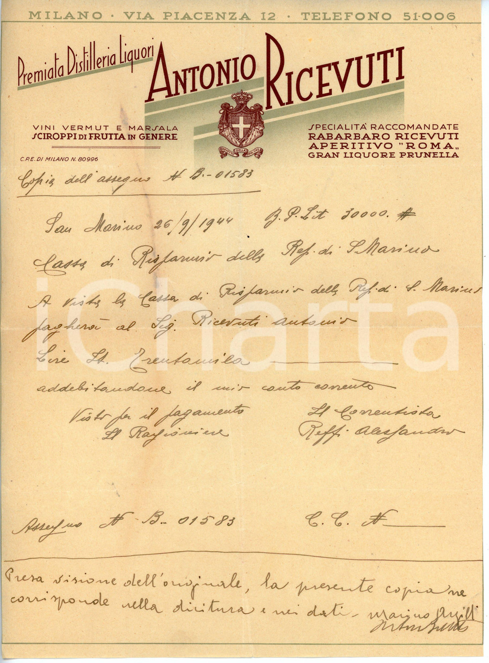 Oggetto da collezione cartaceo 1944 MILANO Via Piacenza 12  Distilleria Antonio RICEVUTI Lettera commerciale 1