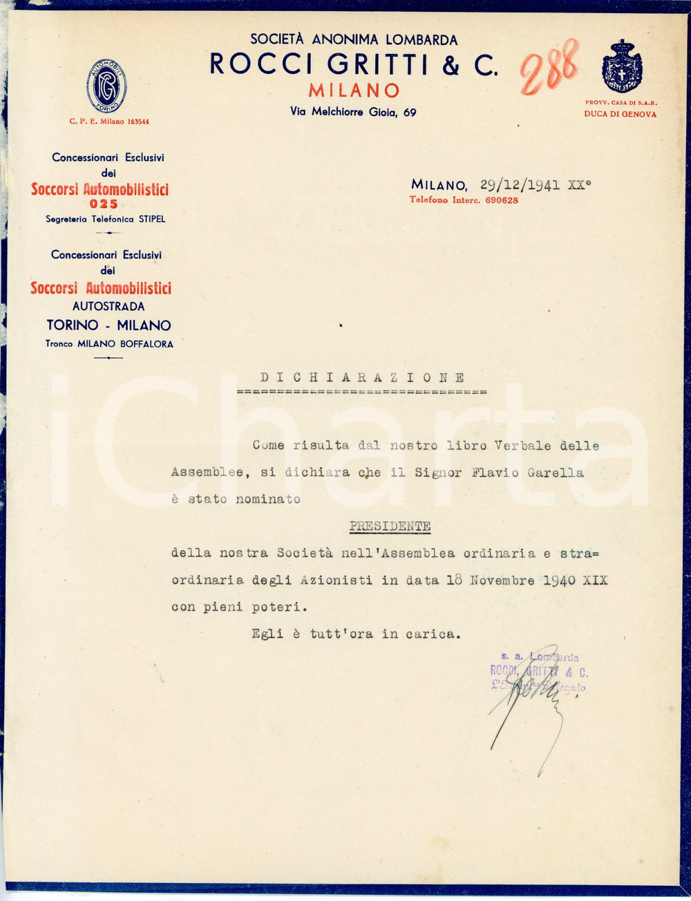 Oggetto da collezione cartaceo 1941 MILANO Società ROCCI GRITTI Nomina del presidente Flavio GARELLA Lettera 1