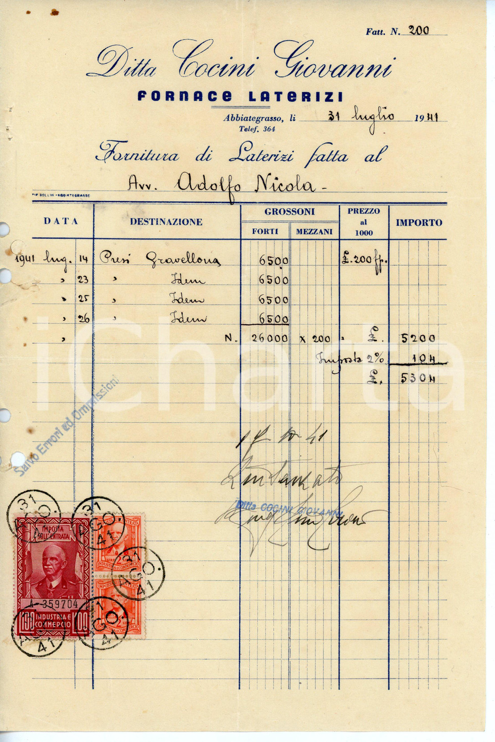 Oggetto da collezione cartaceo 1941 ABBIATEGRASSO Ditta Giovanni COCINI Fornace laterizi  Fattura 18x28 cm 1