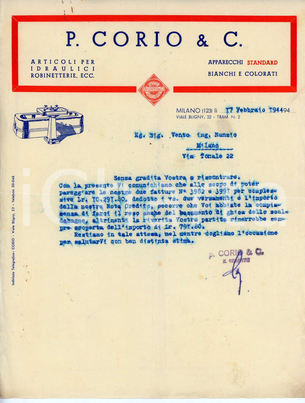 Oggetto da collezione cartaceo 1944 MILANO Viale Bligny 22 Ditta P. CORIO Articoli per idraulici  Lettera 1