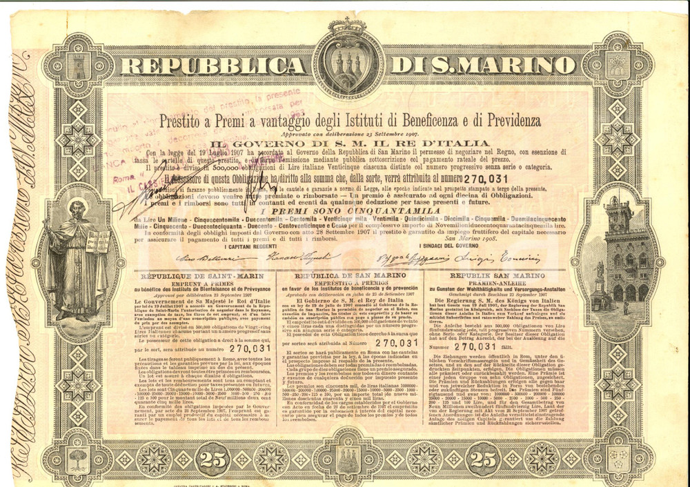 Oggetto da collezione cartaceo 1908 REPUBBLICA SAN MARINO Prestito a premi istituti beneficenza OBBLIGAZIONE 1