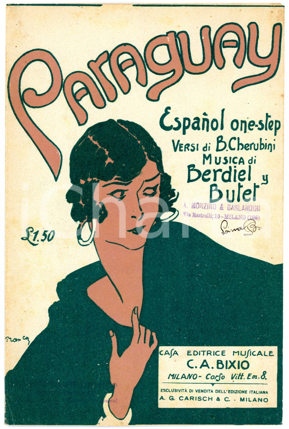 Oggetto da collezione cartaceo 1928 BERDIEL y BUTET Paraguay con versi di B. CHERUBINI Spartito 1