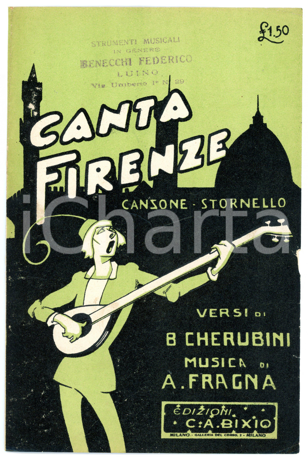Oggetto da collezione cartaceo 1923 A. FRAGNA Canta Firenze Canzone stornello versi di B. CHERUBINI Spartito 1