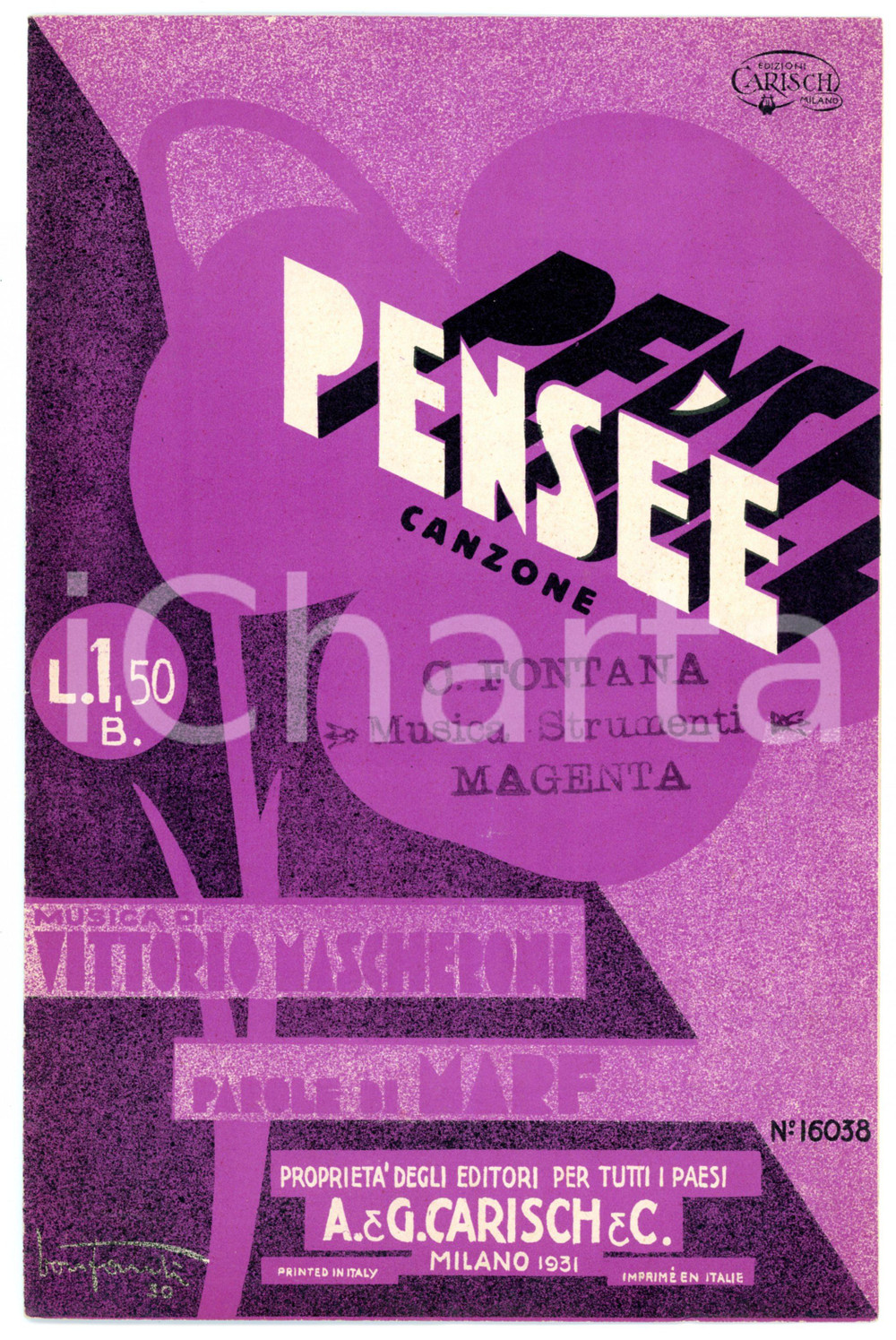 Oggetto da collezione cartaceo 1931 Pensée canzone di Vittorio MASCHERONI parole di MARF Spartito 1