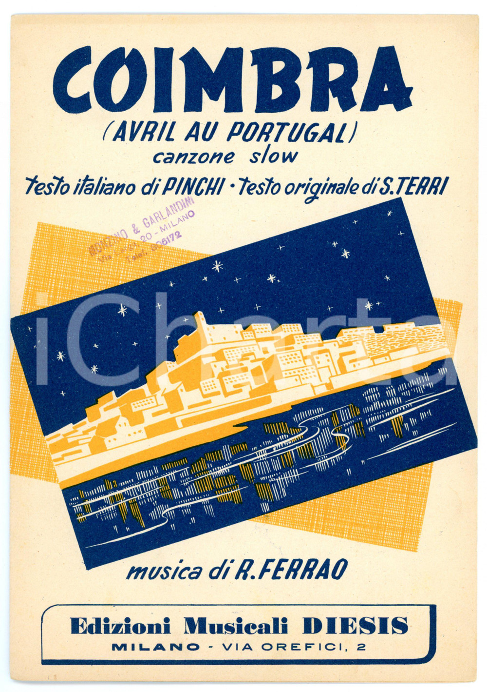 Oggetto da collezione cartaceo 1949 Coimbra  Avril au portugal Slow di R. FERRAO Testo di PINCHI Spartito 1