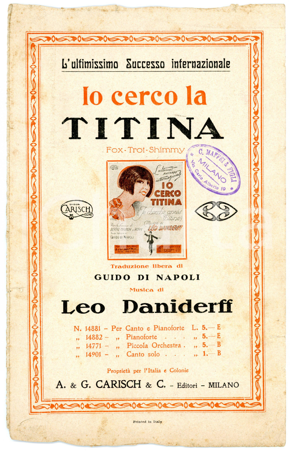 Oggetto da collezione cartaceo 1922 Leo DANIDERFF Io cerco la Titina trad. libera di Guido DI NAPOLI Spartito 1
