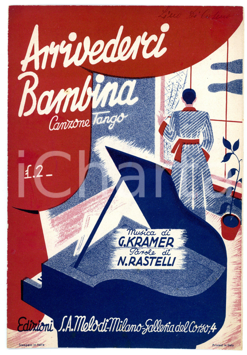 Oggetto da collezione cartaceo 1937 Arrivederci bambina musica di Gorni KRAMER versi di N. RESTELLI Spartito 1