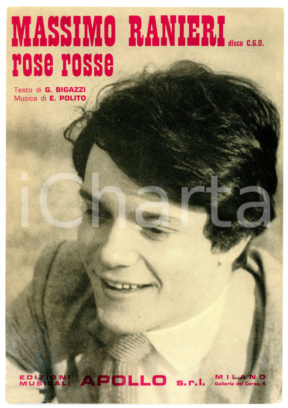 Oggetto da collezione cartaceo 1969 Massimo RANIERI Rose Rosse musica E. Polito  testo G. BIGAZZI Spartito 1