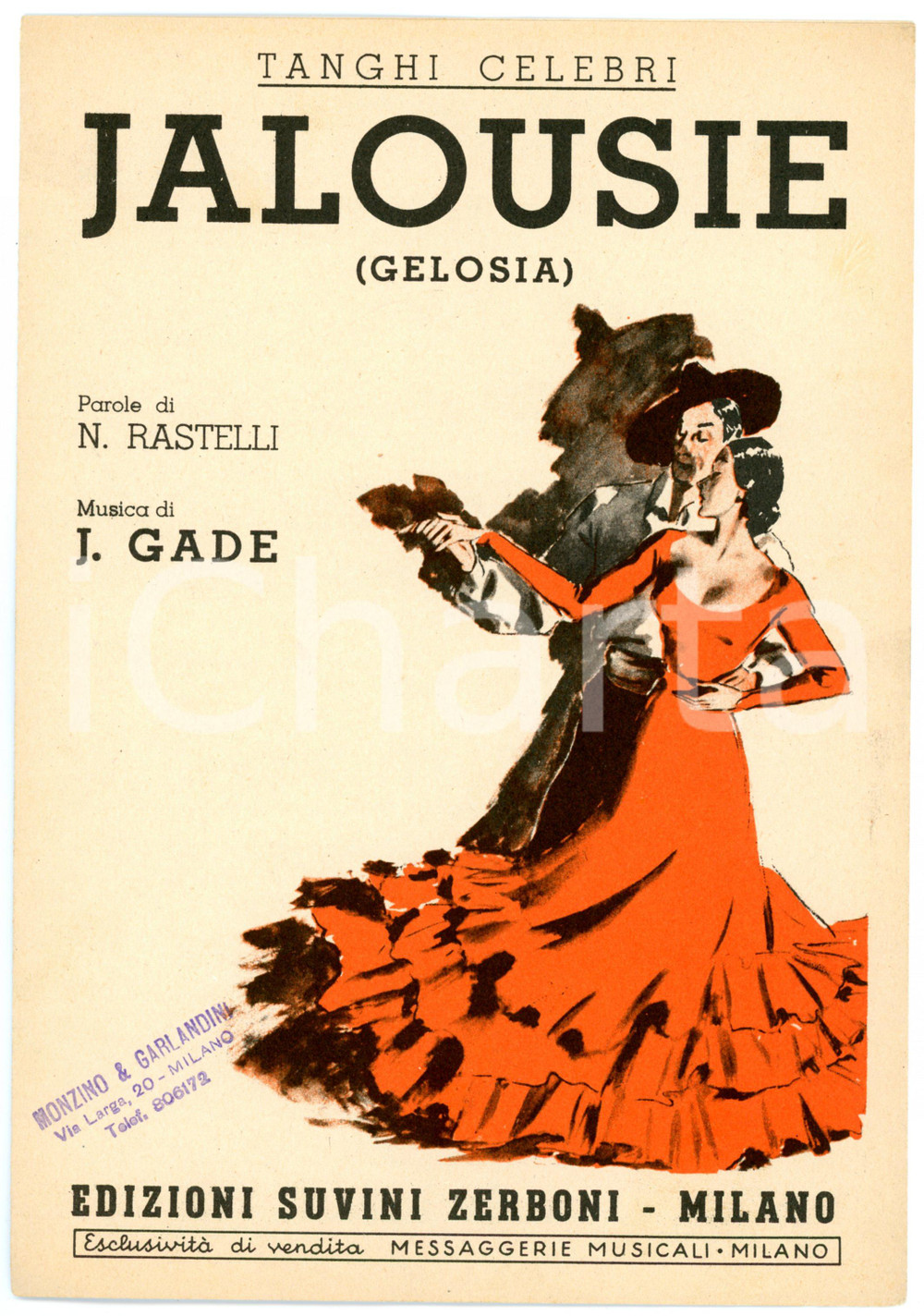 Oggetto da collezione cartaceo 1926 Jalousie Gelosia di J.GADE parole di N. RESTELLI Spartito 1