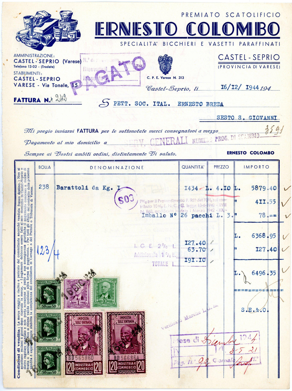 Oggetto da collezione cartaceo 1944 CASTELSEPRIO VA Premiato Scatolificio ERNESTO COLOMBO Fattura intestata 1