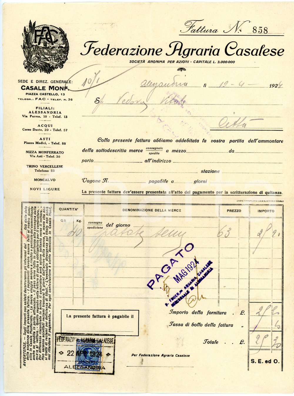 Oggetto da collezione cartaceo 1924 CASALE MONFERRATO AL FEDERAZIONE AGRARIA CASALESE Fattura intestata 1
