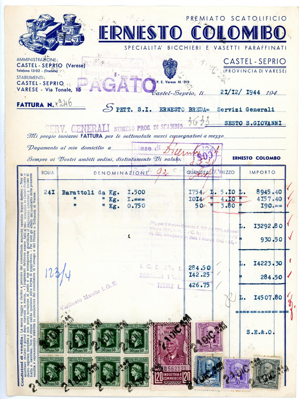 Oggetto da collezione cartaceo 1944 CASTELSEPRIO VA Premiato Scatolificio ERNESTO COLOMBO Fattura intestata 4 1
